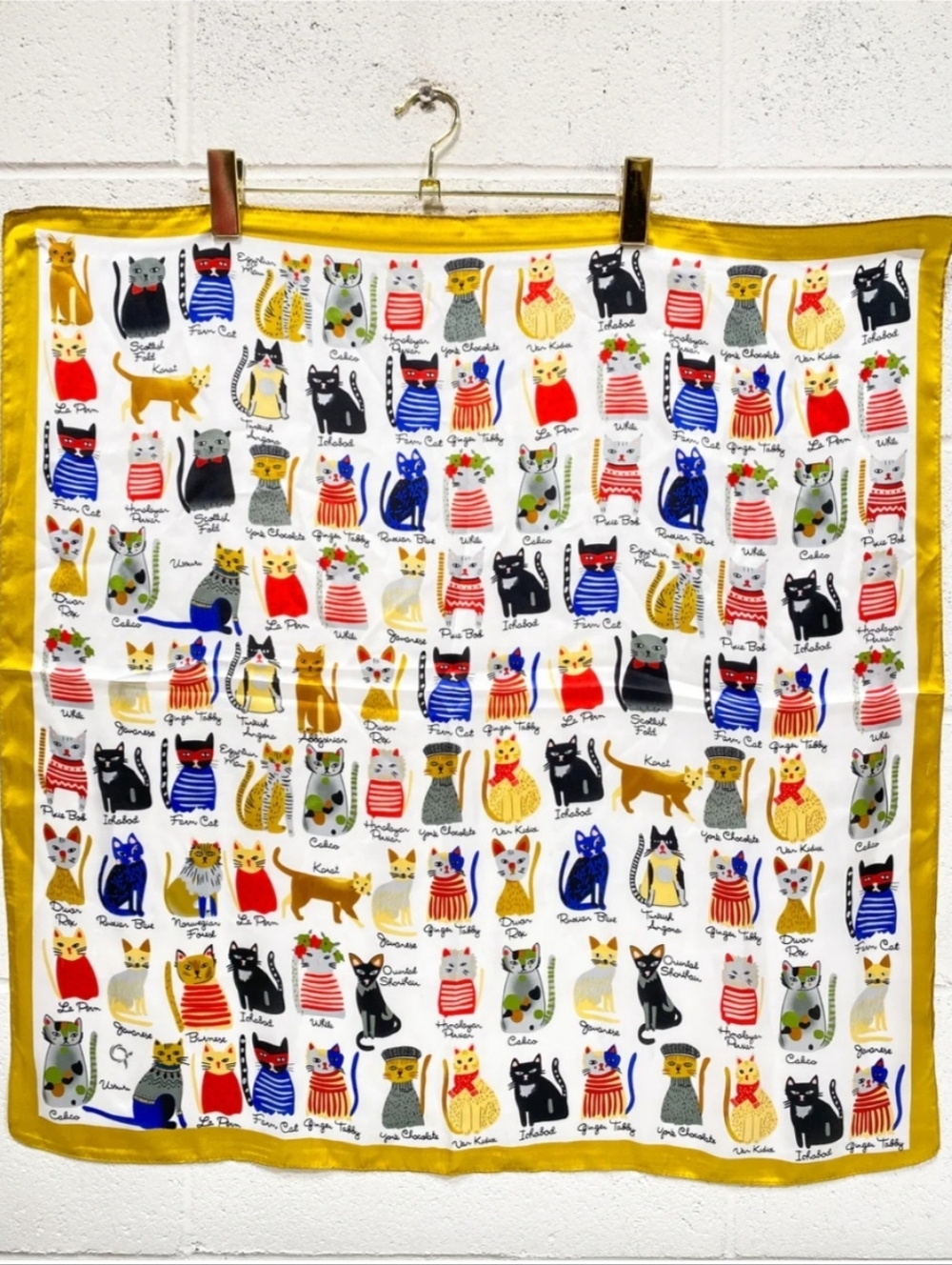 Cat Print Silk Scarf in White and Yellow